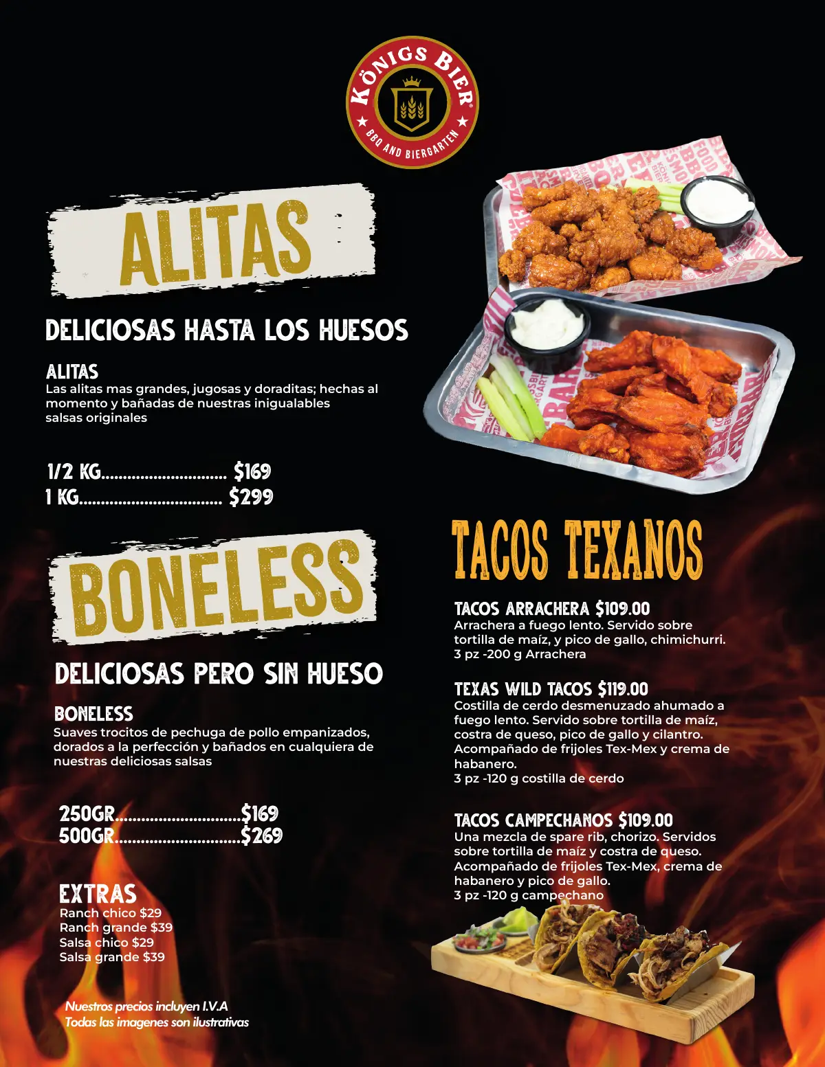 Alitas, boneless y tacos texanos