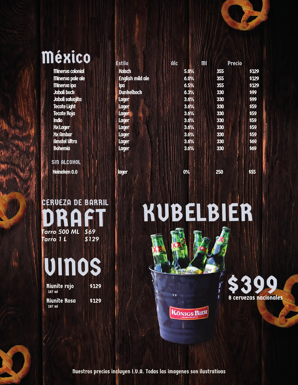 Cervezas mexicanas, cerveza de barril, vinos y cubeta Kubelbier